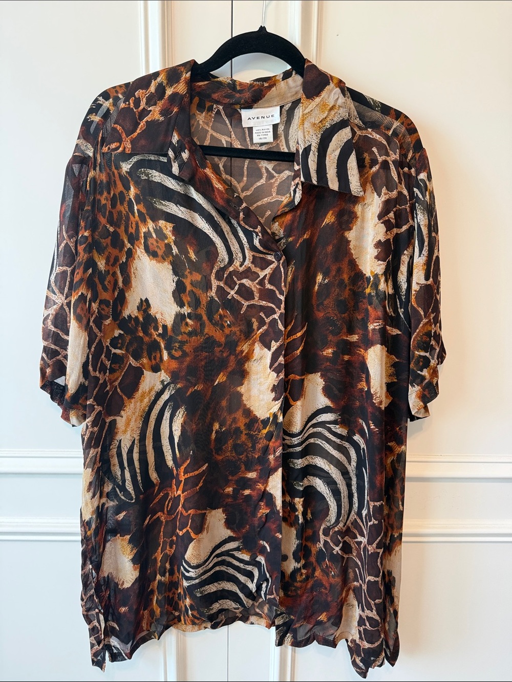 Avenue Brown Multi Animal-Print Button Down Blouse